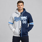 Custom White and Navy Ripped Pinstripe Split Baseball Pullover Hoodie with Light Blue Lettering worn by male model