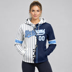 Custom White and Navy Ripped Pinstripe Split Baseball Pullover Hoodie with Light Blue Lettering worn by female model