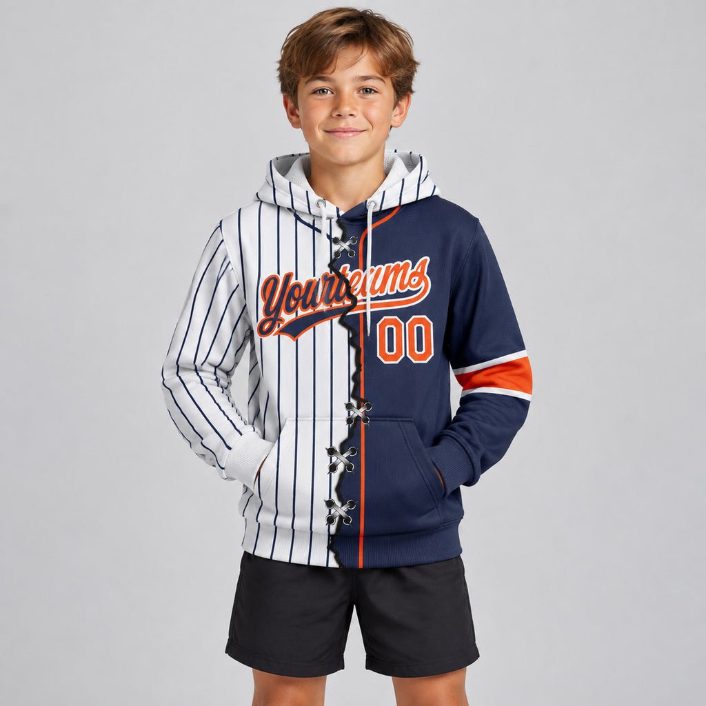Custom White and Navy Ripped Pinstripe Split Baseball Pullover Hoodie with Orange Lettering youth size worn by child model
