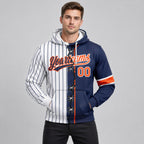 Custom White and Navy Ripped Pinstripe Split Baseball Pullover Hoodie with Orange Lettering worn by male model