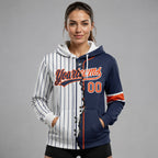 Custom White and Navy Ripped Pinstripe Split Baseball Pullover Hoodie with Orange Lettering worn by female model