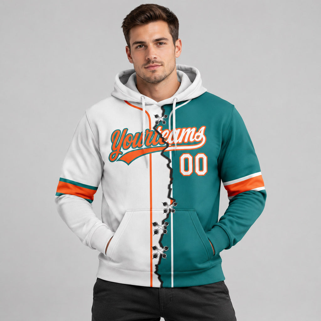 Custom Teal Ripped Split Baseball Pullover Hoodie with White and Orange Lettering worn by male model
