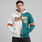 Custom Teal Ripped Split Baseball Pullover Hoodie with White and Orange Lettering worn by male model