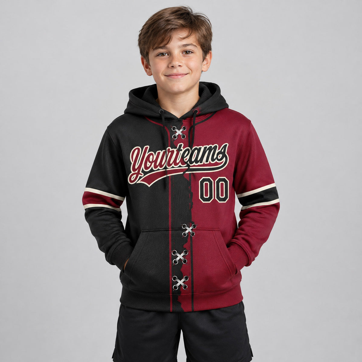 Custom Crimson Ripped Split Baseball Pullover Hoodie with Black and Cream Lettering youth size worn by child model