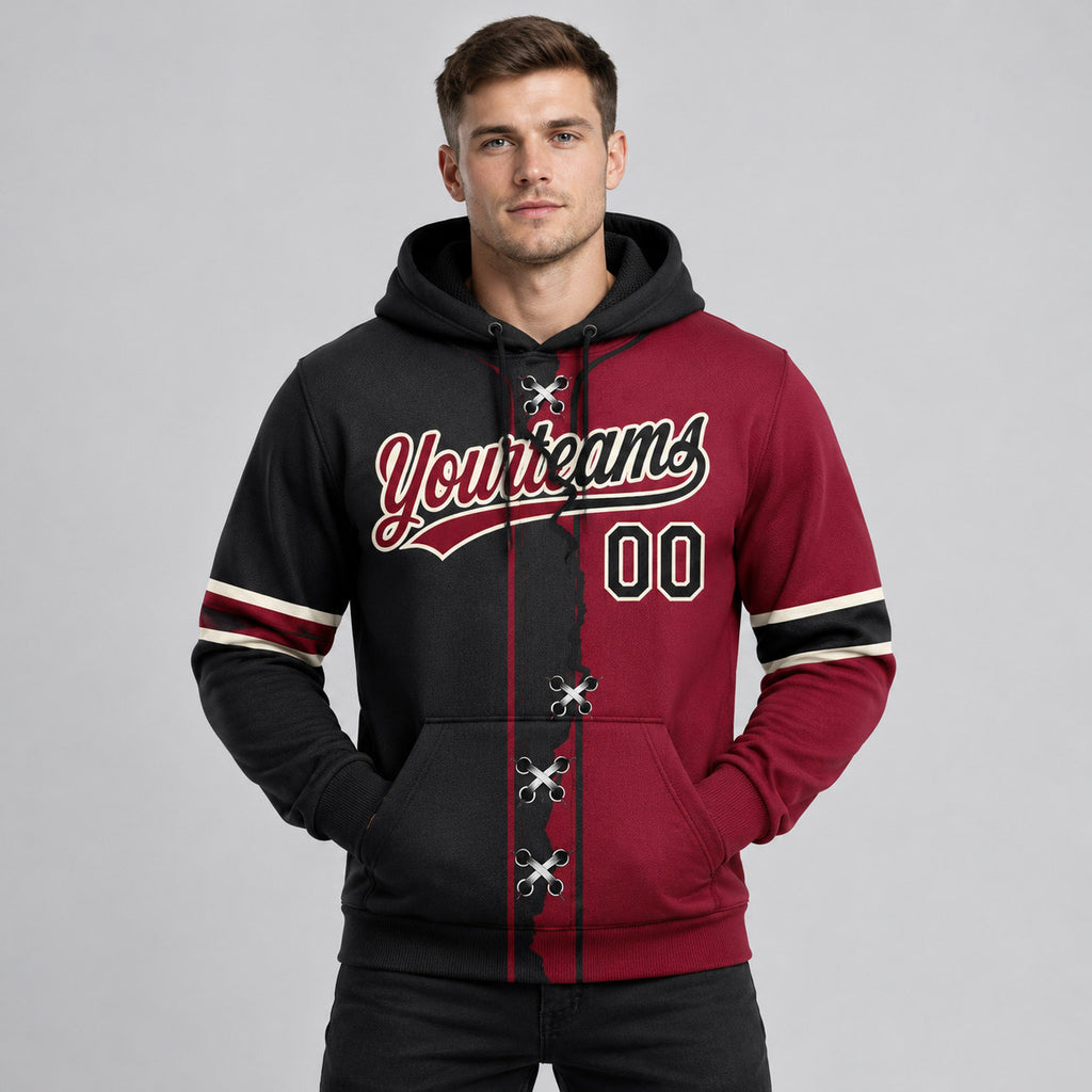Custom Crimson Ripped Split Baseball Pullover Hoodie with Black and Cream Lettering worn by male model