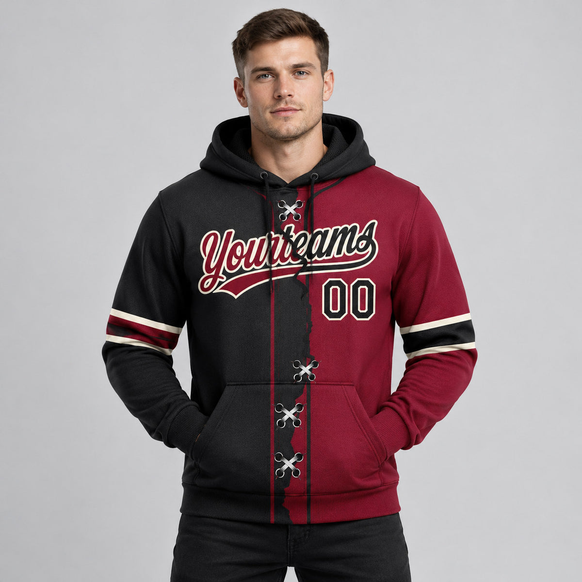 Custom Crimson Ripped Split Baseball Pullover Hoodie with Black and Cream Lettering worn by male model