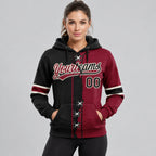 Custom Crimson Ripped Split Baseball Pullover Hoodie with Black and Cream Lettering worn by female model