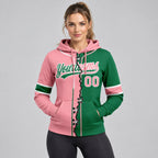 Custom Kelly Green Ripped Split Baseball Pullover Hoodie with Medium Pink and White Lettering worn by female model
