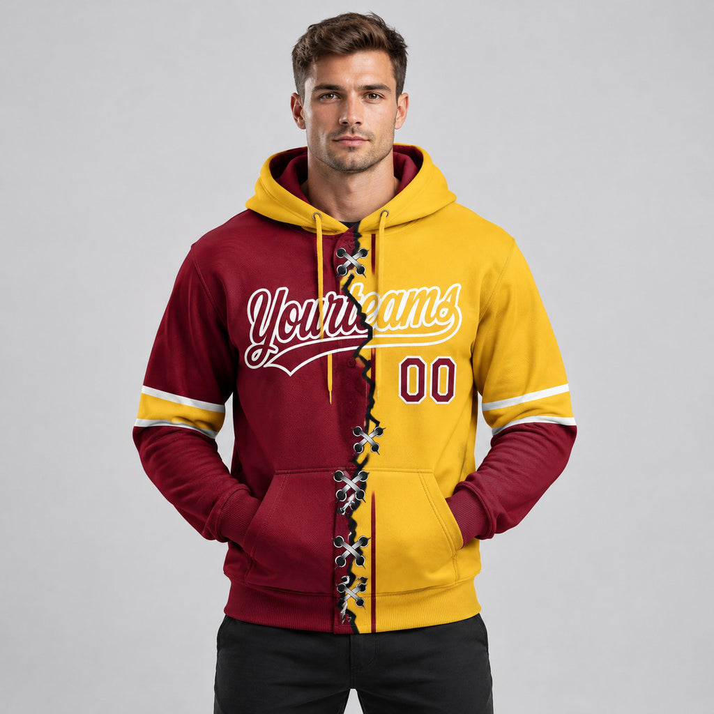 Custom Crimson Ripped Split Baseball Pullover Hoodie with Gold and White Lettering worn by male model