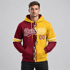 Custom Crimson Ripped Split Baseball Pullover Hoodie with Gold and White Lettering worn by male model