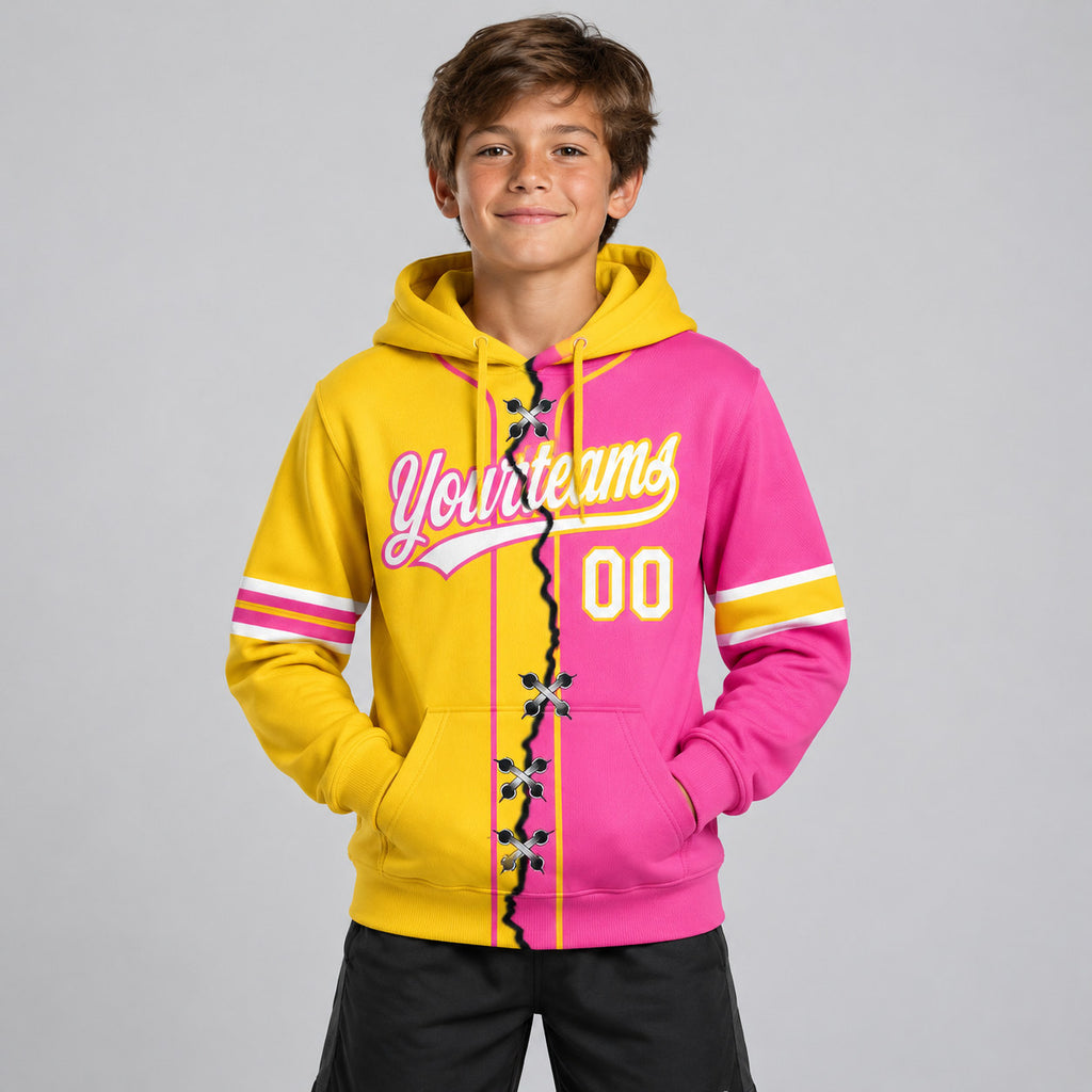 Custom Pink Ripped Split Baseball Pullover Hoodie with White and Yellow Lettering youth size worn by child model