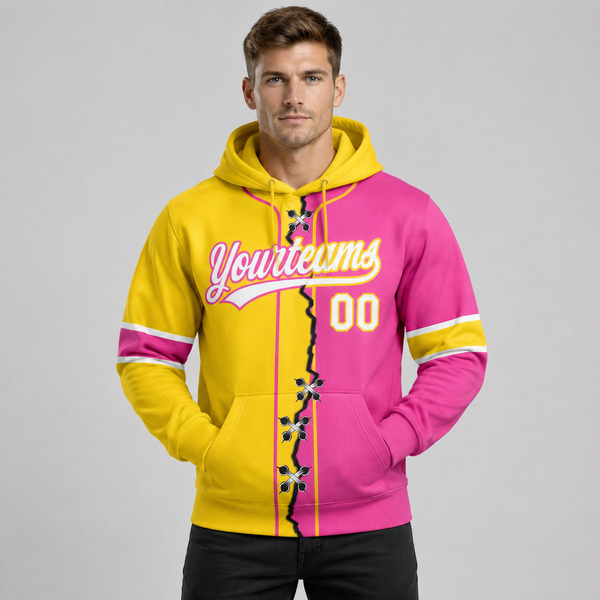 Custom Pink Ripped Split Baseball Pullover Hoodie with White and Yellow Lettering worn by male model