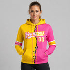 Custom Pink Ripped Split Baseball Pullover Hoodie with White and Yellow Lettering worn by female model