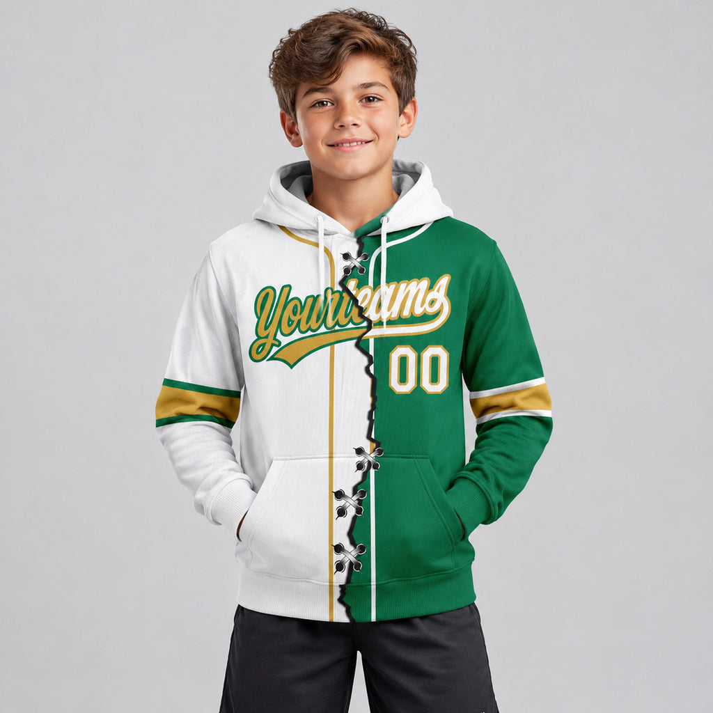 Custom Kelly Green Ripped Split Baseball Pullover Hoodie with White and Old Gold Lettering youth size worn by child model