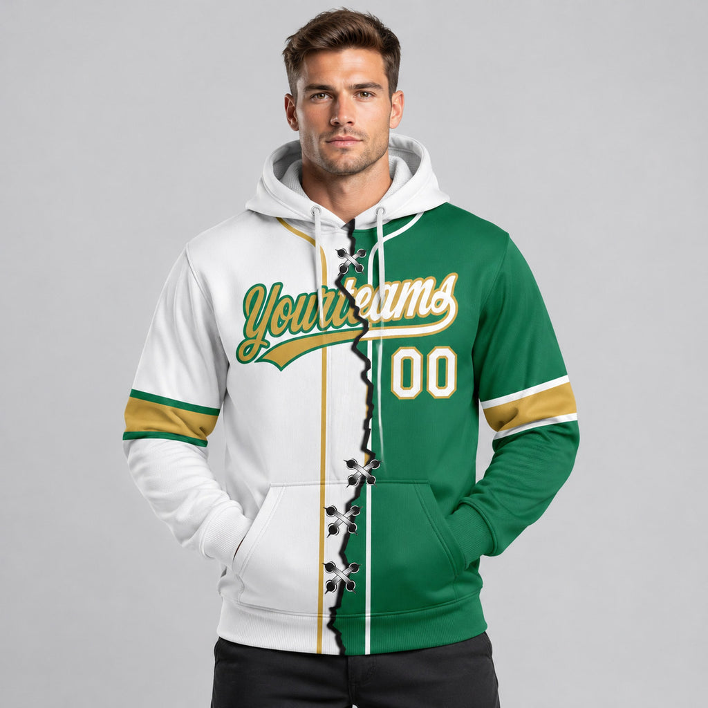 Custom Kelly Green Ripped Split Baseball Pullover Hoodie with White and Old Gold Lettering worn by male model