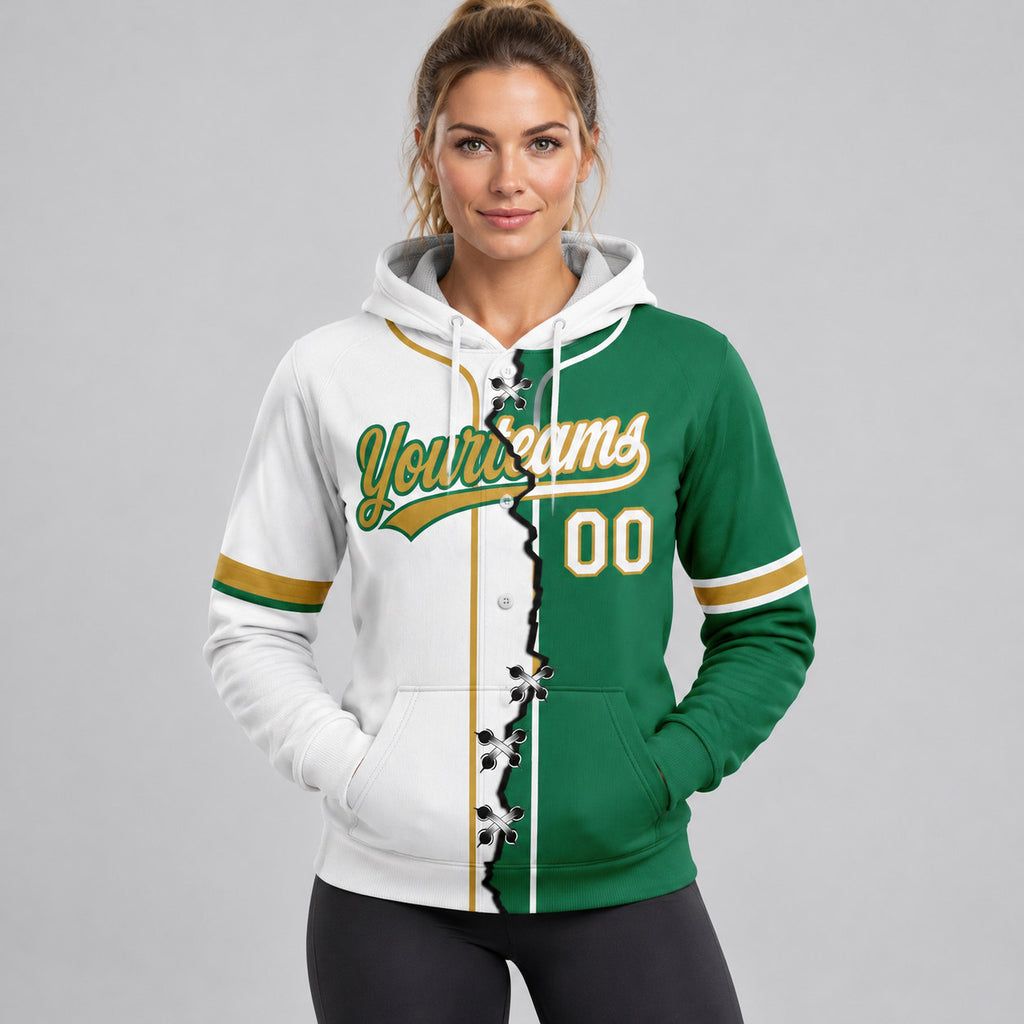 Custom Kelly Green Ripped Split Baseball Pullover Hoodie with White and Old Gold Lettering worn by female model