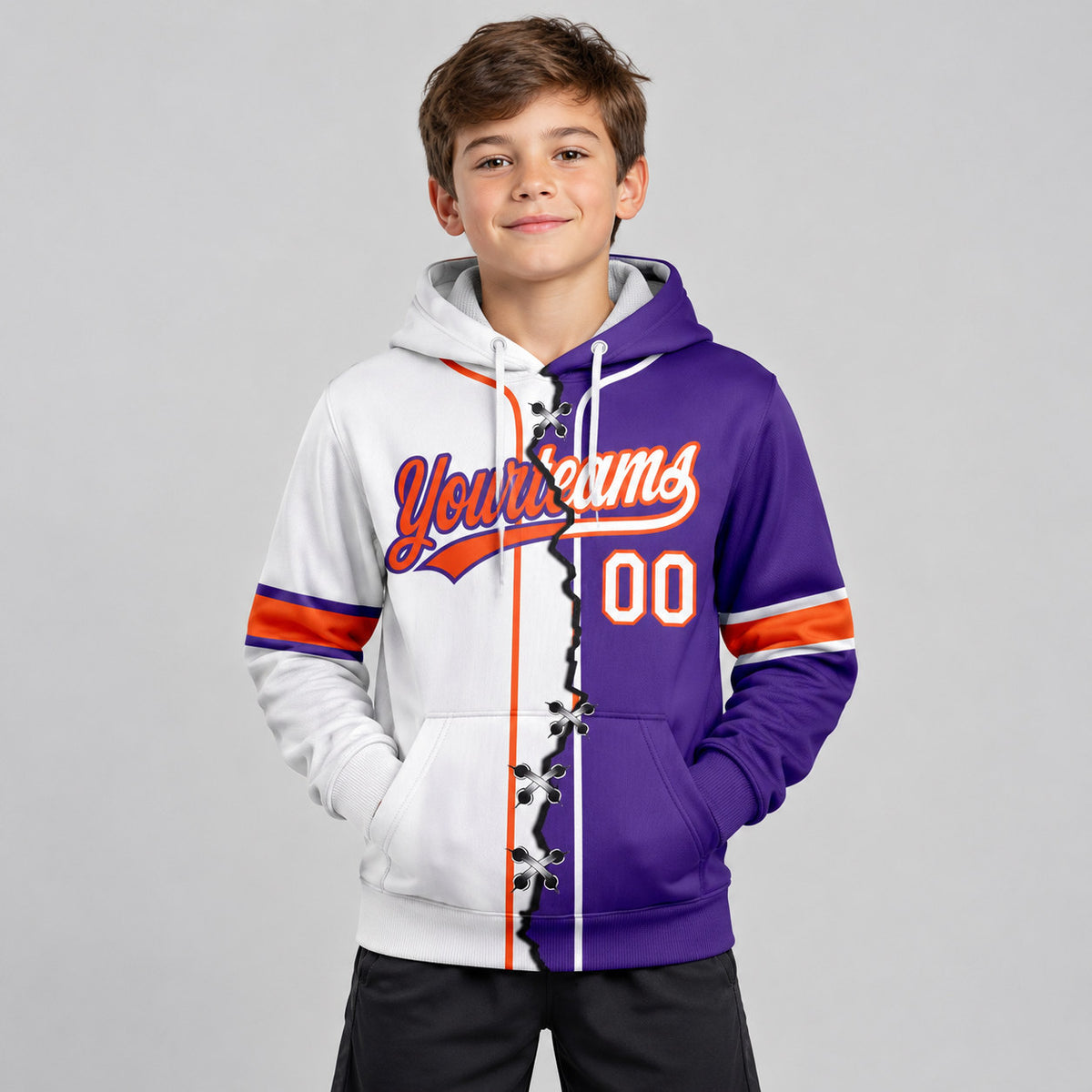 Custom Purple Ripped Split Baseball Pullover Hoodie with White and Orange Lettering youth size worn by child model