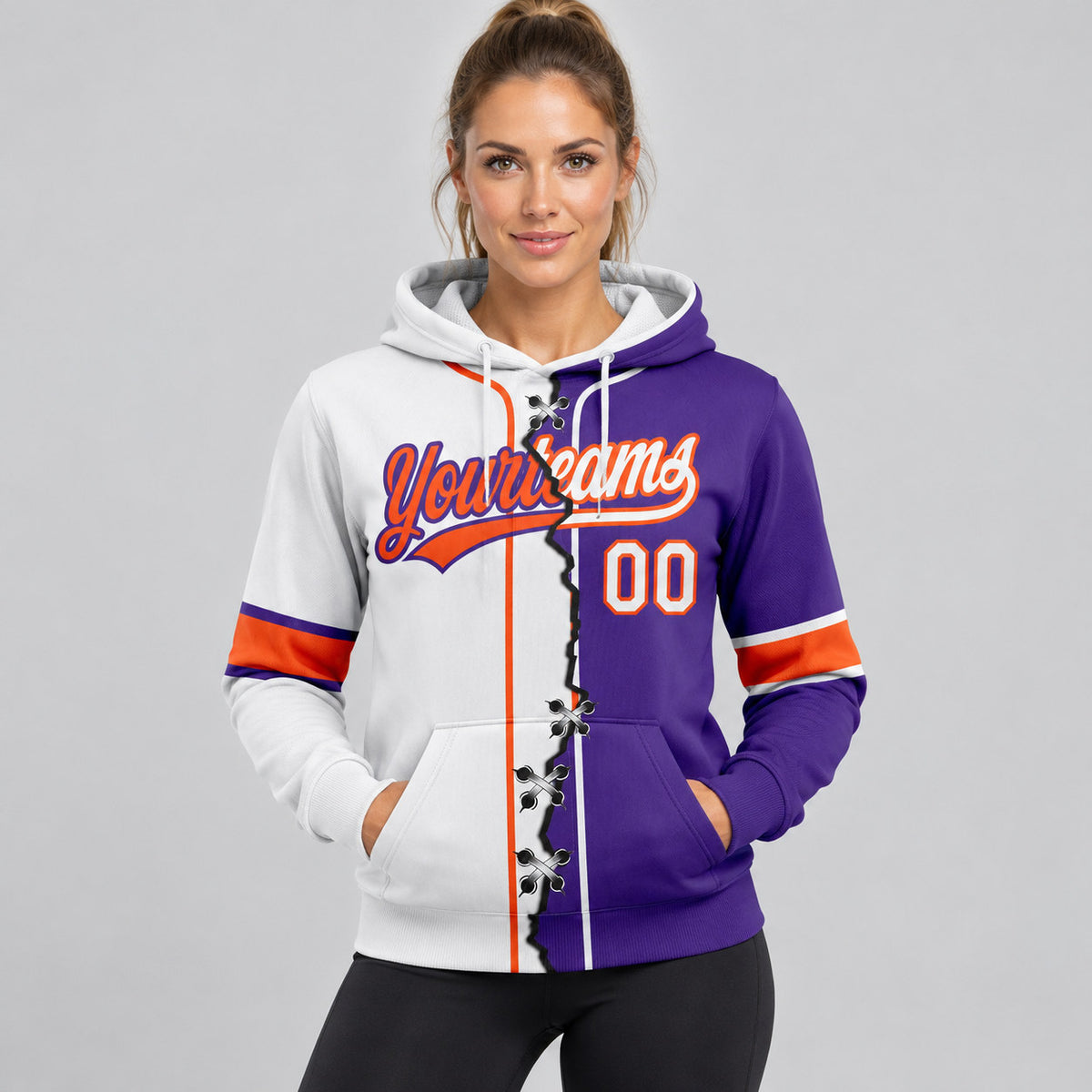 Custom Purple Ripped Split Baseball Pullover Hoodie with White and Orange Lettering worn by female model