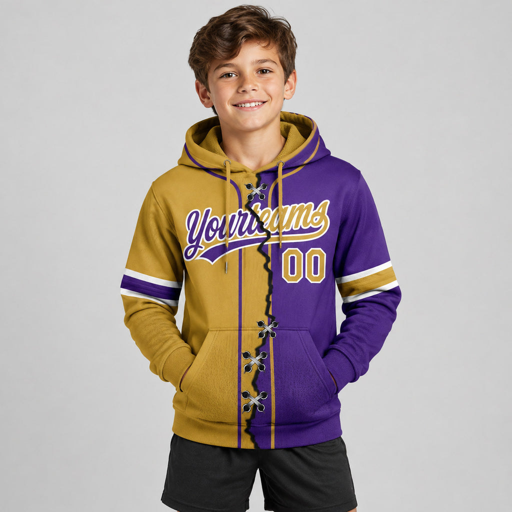 Custom Purple Ripped Split Baseball Pullover Hoodie with Old Gold and White Lettering youth size worn by child model