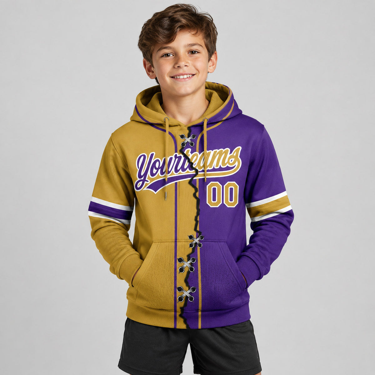 Custom Purple Ripped Split Baseball Pullover Hoodie with Old Gold and White Lettering youth size worn by child model