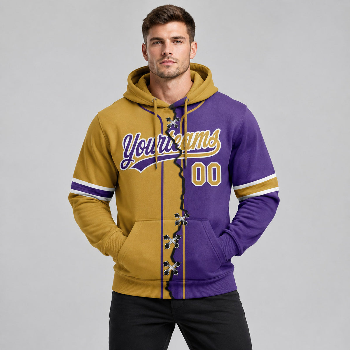 Custom Purple Ripped Split Baseball Pullover Hoodie with Old Gold and White Lettering worn by male model