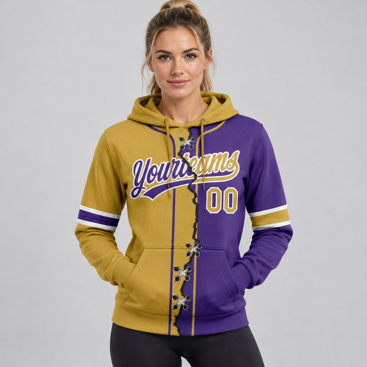 Custom Purple Ripped Split Baseball Pullover Hoodie with Old Gold and White Lettering worn by female model