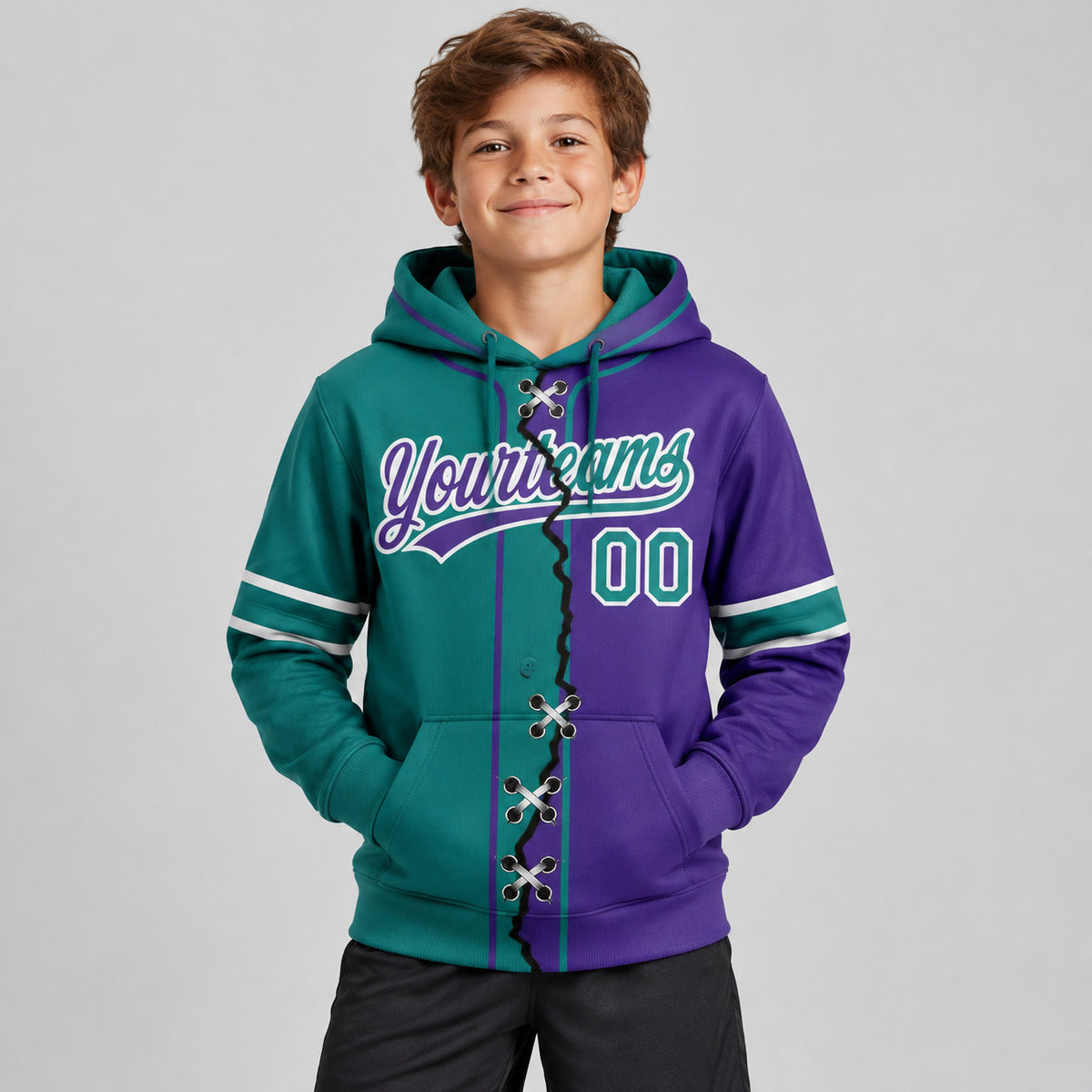 Custom Purple Ripped Split Baseball Pullover Hoodie with Teal and White Lettering youth size worn by child model