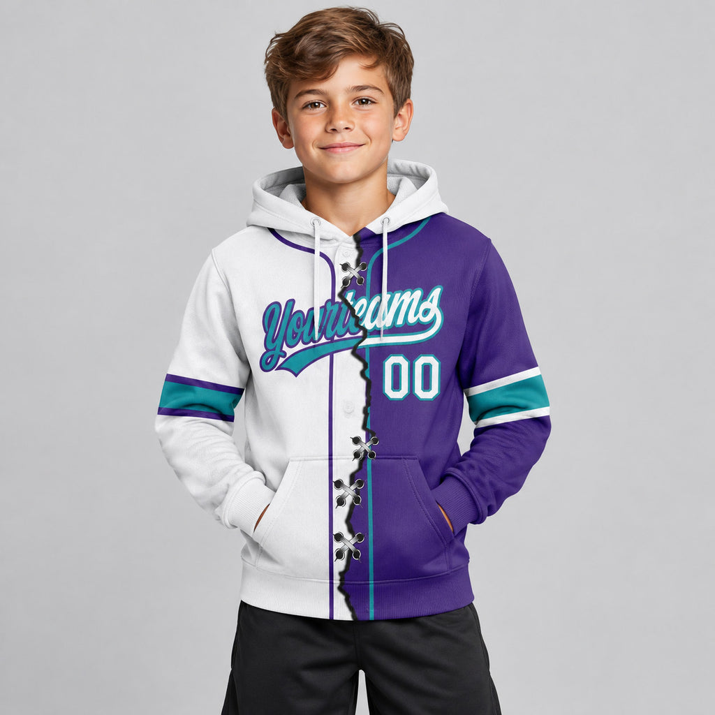 Custom Purple Ripped Split Baseball Pullover Hoodie with White and Teal Lettering youth size worn by child model