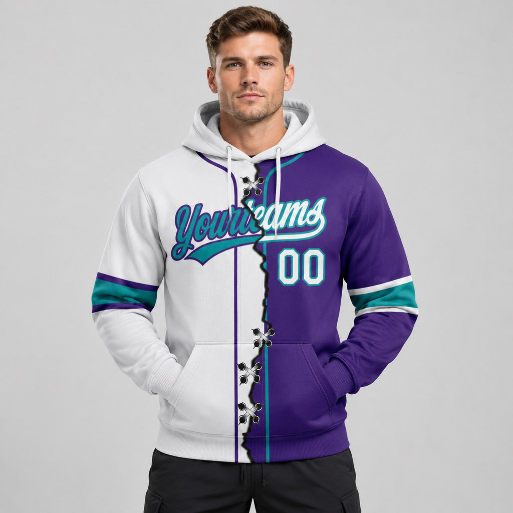 Custom Purple Ripped Split Baseball Pullover Hoodie with White and Teal Lettering worn by male model