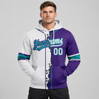 Custom Purple Ripped Split Baseball Pullover Hoodie with White and Teal Lettering worn by male model