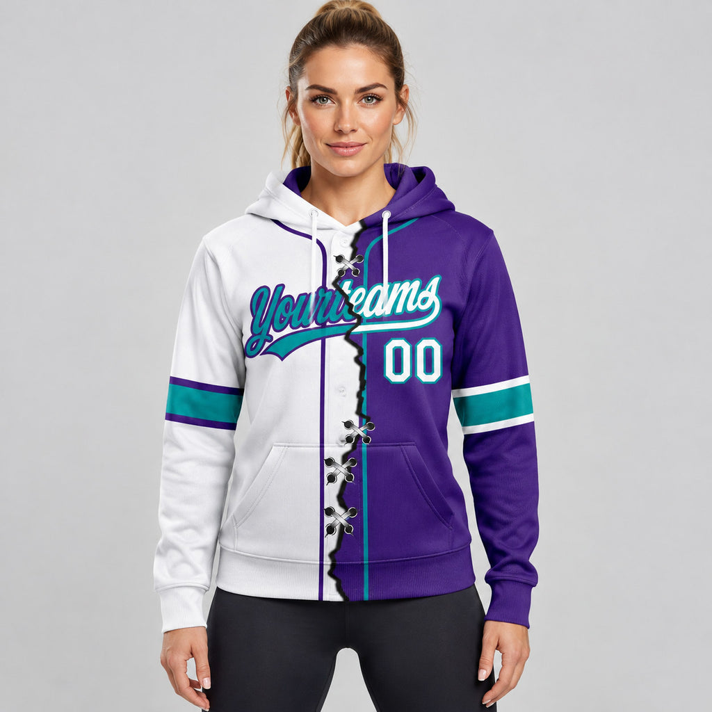 Custom Purple Ripped Split Baseball Pullover Hoodie with White and Teal Lettering worn by female model