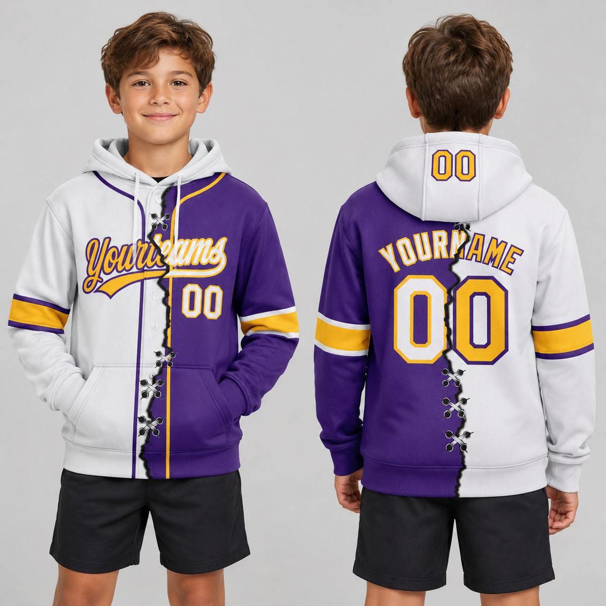 Custom Purple Ripped Split Baseball Pullover Hoodie with White and Gold Lettering youth size worn by child model