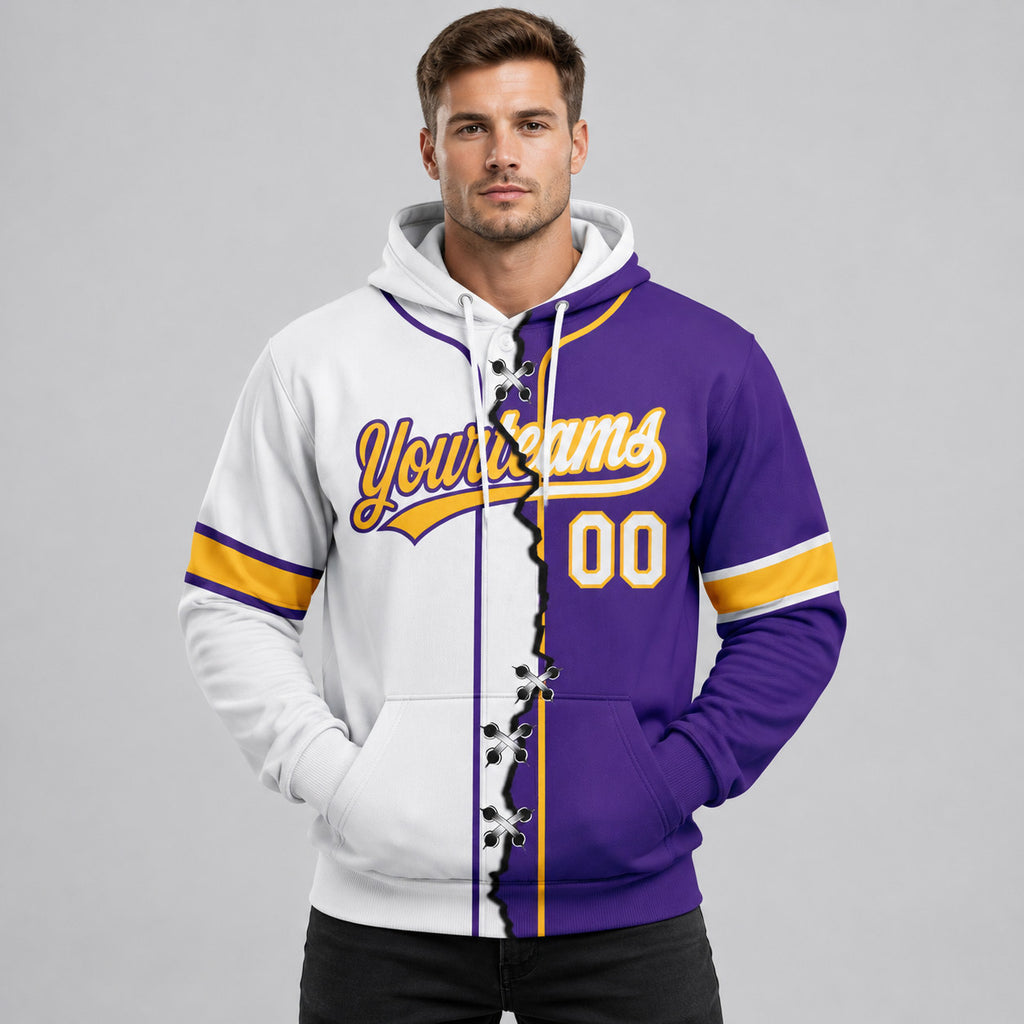 Custom Purple Ripped Split Baseball Pullover Hoodie with White and Gold Lettering worn by male model