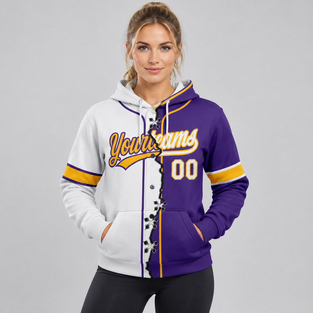 Custom Purple Ripped Split Baseball Pullover Hoodie with White and Gold Lettering worn by female model