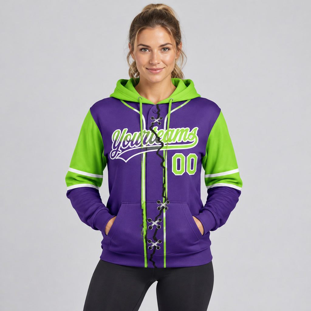 Custom Purple Ripped Split Baseball Pullover Hoodie with Neon Green and White Lettering worn by female model