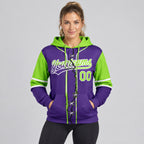 Custom Purple Ripped Split Baseball Pullover Hoodie with Neon Green and White Lettering worn by female model
