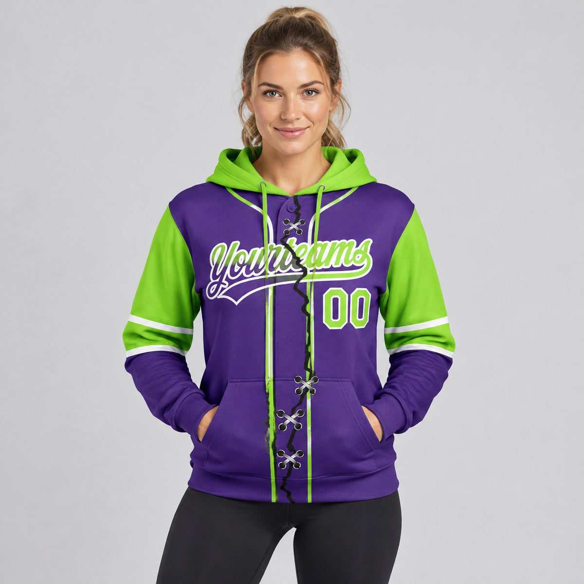 Custom Purple Ripped Split Baseball Pullover Hoodie with Neon Green and White Lettering worn by female model