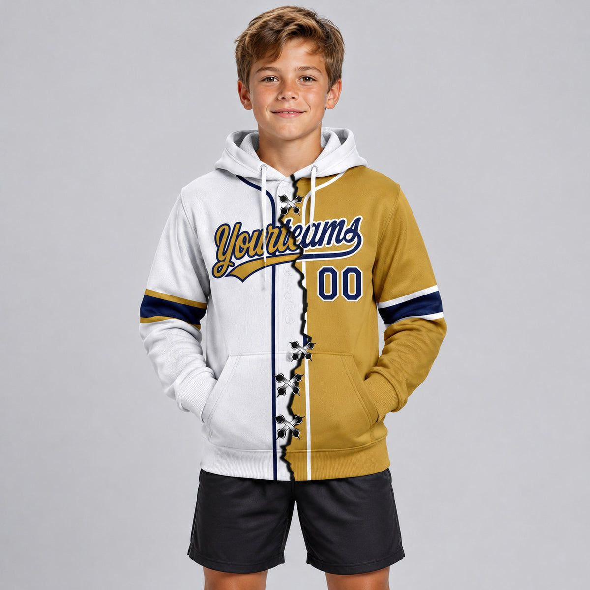 Custom Old Gold Ripped Split Baseball Pullover Hoodie with Navy and White Lettering youth size worn by child model