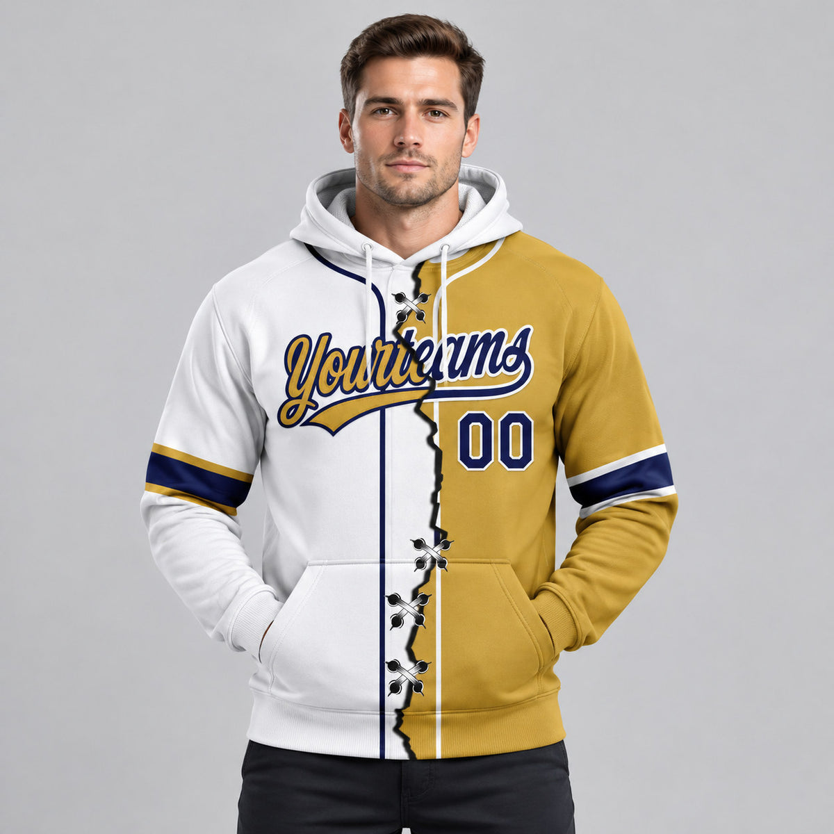 Custom Old Gold Ripped Split Baseball Pullover Hoodie with Navy and White Lettering worn by male model