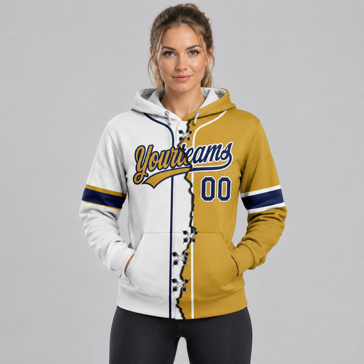 Custom Old Gold Ripped Split Baseball Pullover Hoodie with Navy and White Lettering worn by female model
