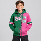 Custom Pink Ripped Split Baseball Pullover Hoodie with White and Kelly Green Lettering youth size worn by child model