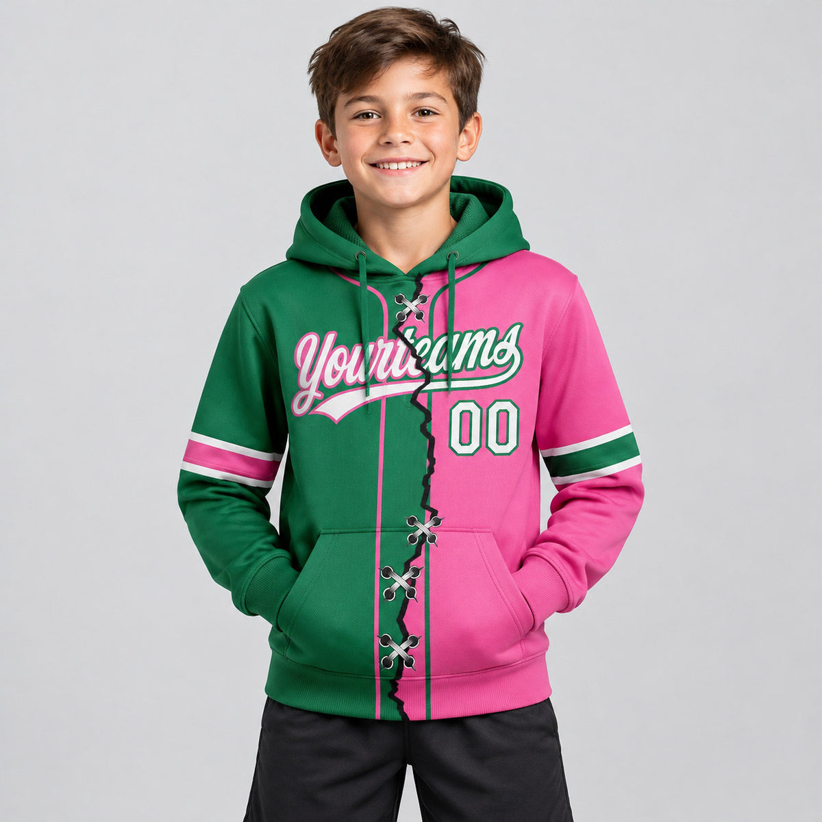 Custom Pink Ripped Split Baseball Pullover Hoodie with White and Kelly Green Lettering youth size worn by child model