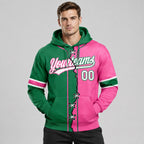 Custom Pink Ripped Split Baseball Pullover Hoodie with White and Kelly Green Lettering worn by male model