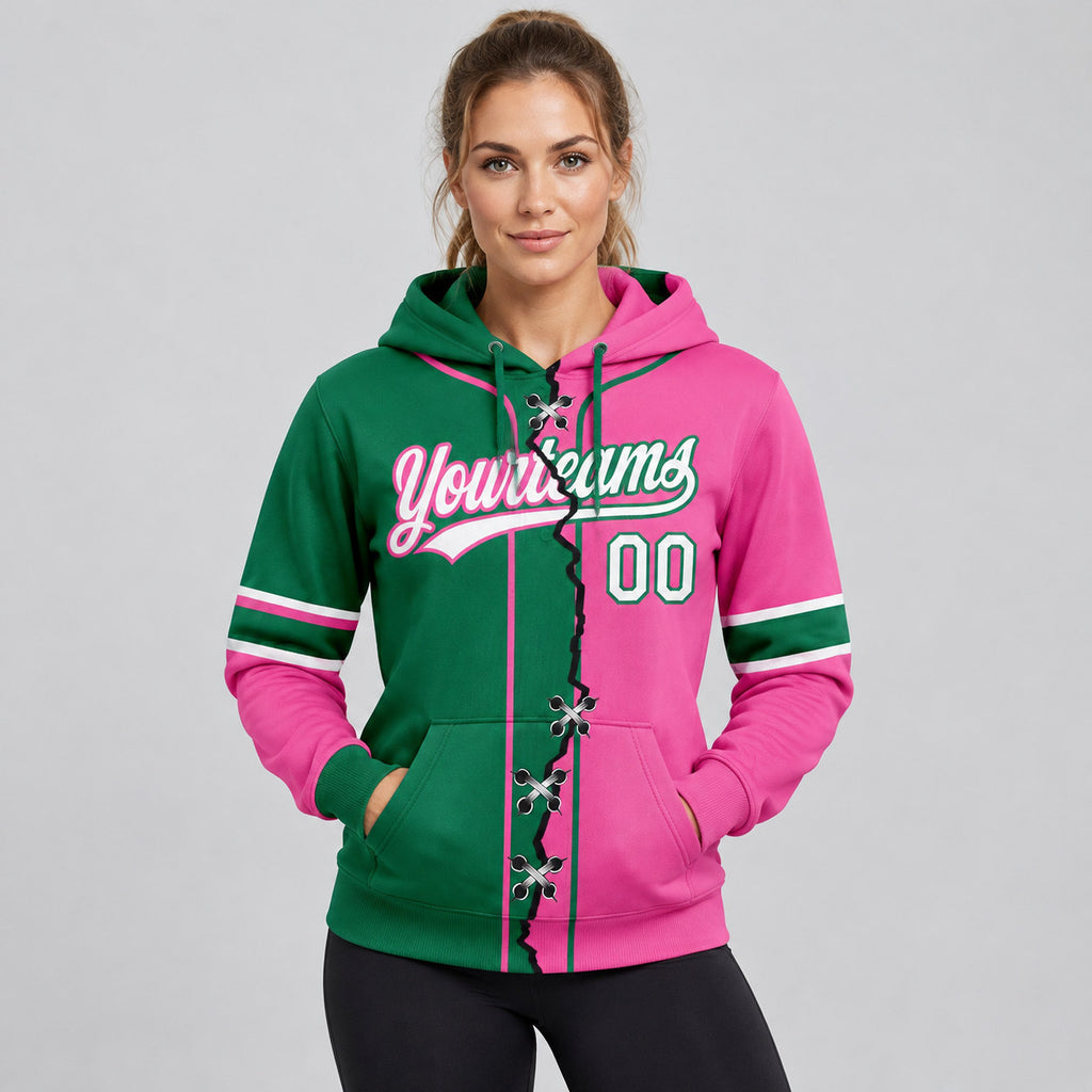 Custom Pink Ripped Split Baseball Pullover Hoodie with White and Kelly Green Lettering worn by female model
