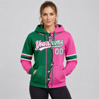 Custom Pink Ripped Split Baseball Pullover Hoodie with White and Kelly Green Lettering worn by female model