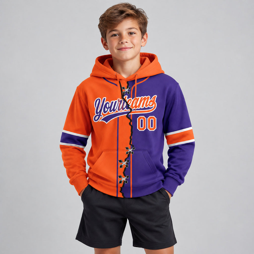 Custom Purple Ripped Split Baseball Pullover Hoodie with Orange and White Lettering youth size worn by child model