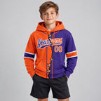 Custom Purple Ripped Split Baseball Pullover Hoodie with Orange and White Lettering youth size worn by child model