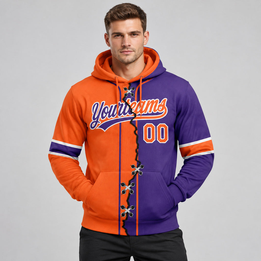 Custom Purple Ripped Split Baseball Pullover Hoodie with Orange and White Lettering worn by male model
