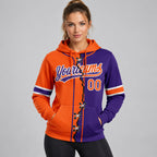 Custom Purple Ripped Split Baseball Pullover Hoodie with Orange and White Lettering worn by female model