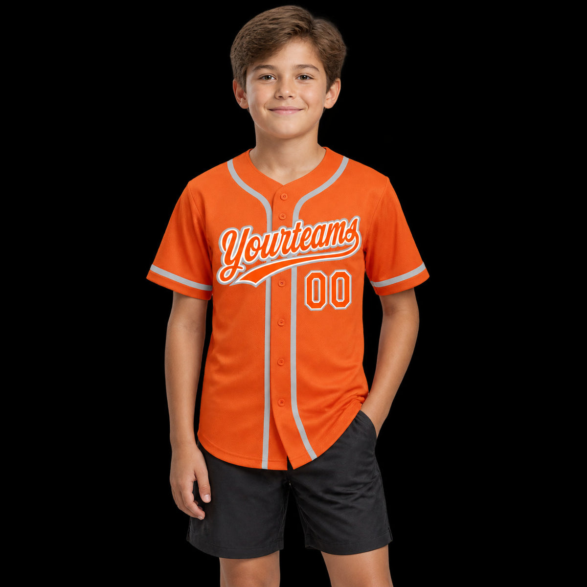 Custom Orange Button Down Reversible Baseball Jersey with White and Gray Lettering youth size worn by child model